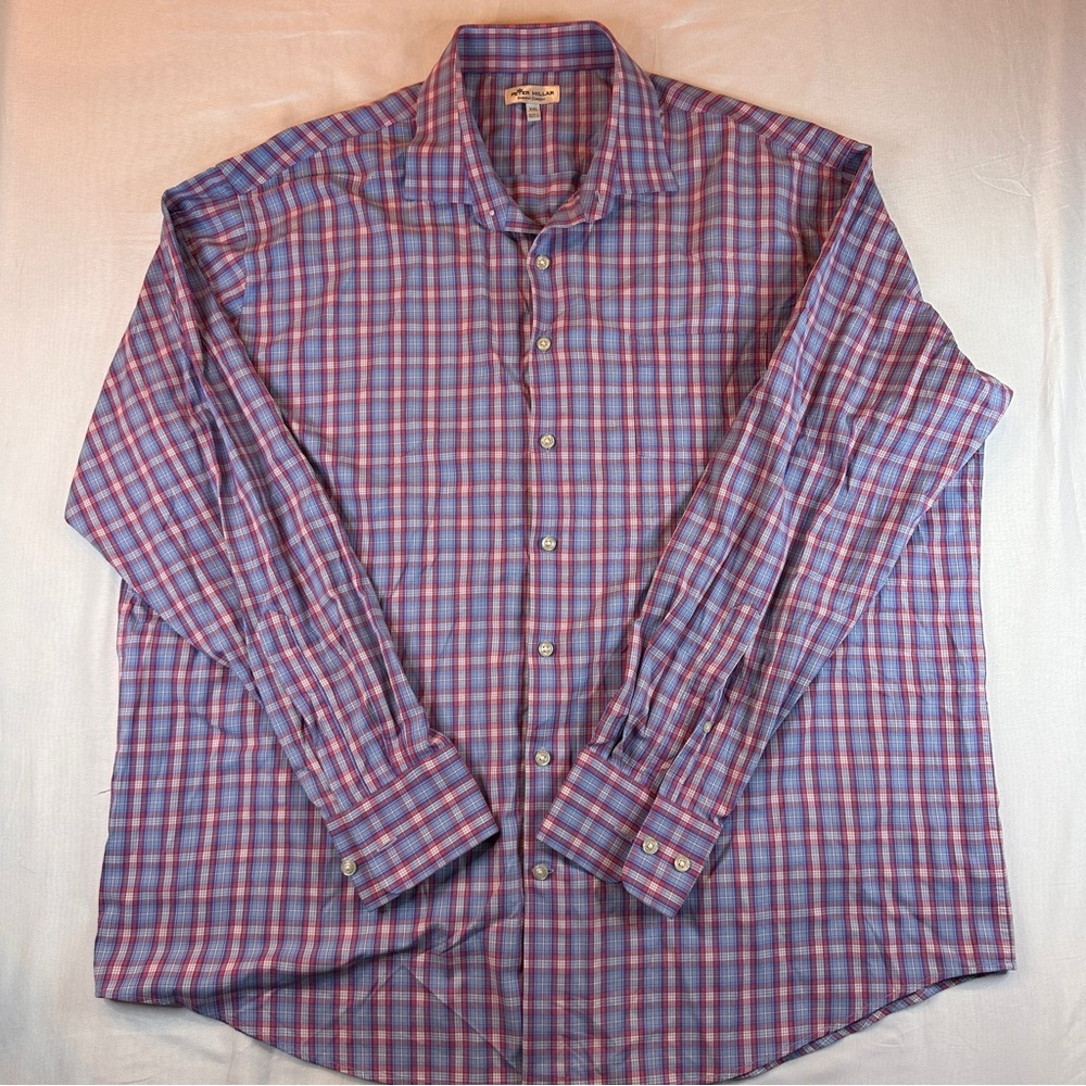 PETER MILLAR Summer Comfort Performance Shirt Men's XXL Blue/Red Check L/S - 494 - Picture 2 of 7